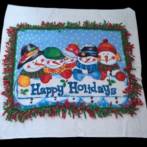 Snowmen Happy Holidays Colorful Fringed Fleece Throw Blanket Christmas 38" X 51"